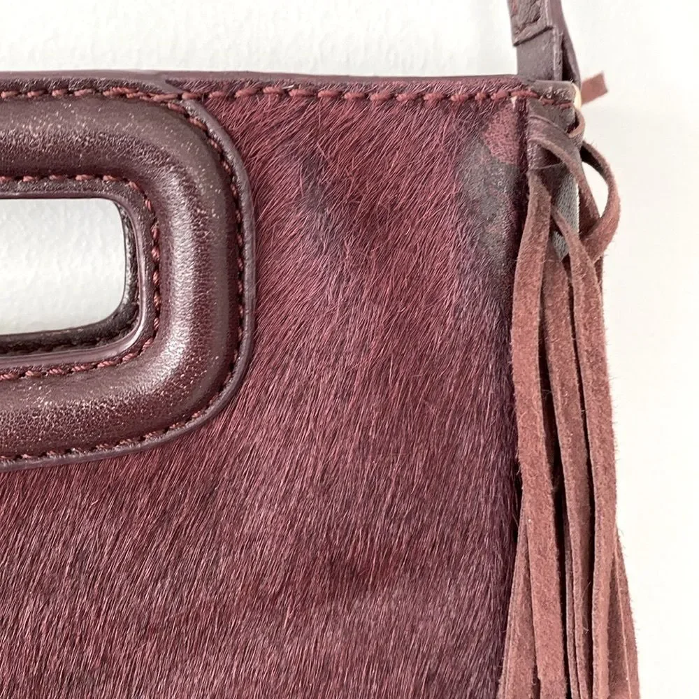 Maje Maroon Burgundy Cowhide Fringe Bag Crossbody Clutch Bag Boho Chic Festival